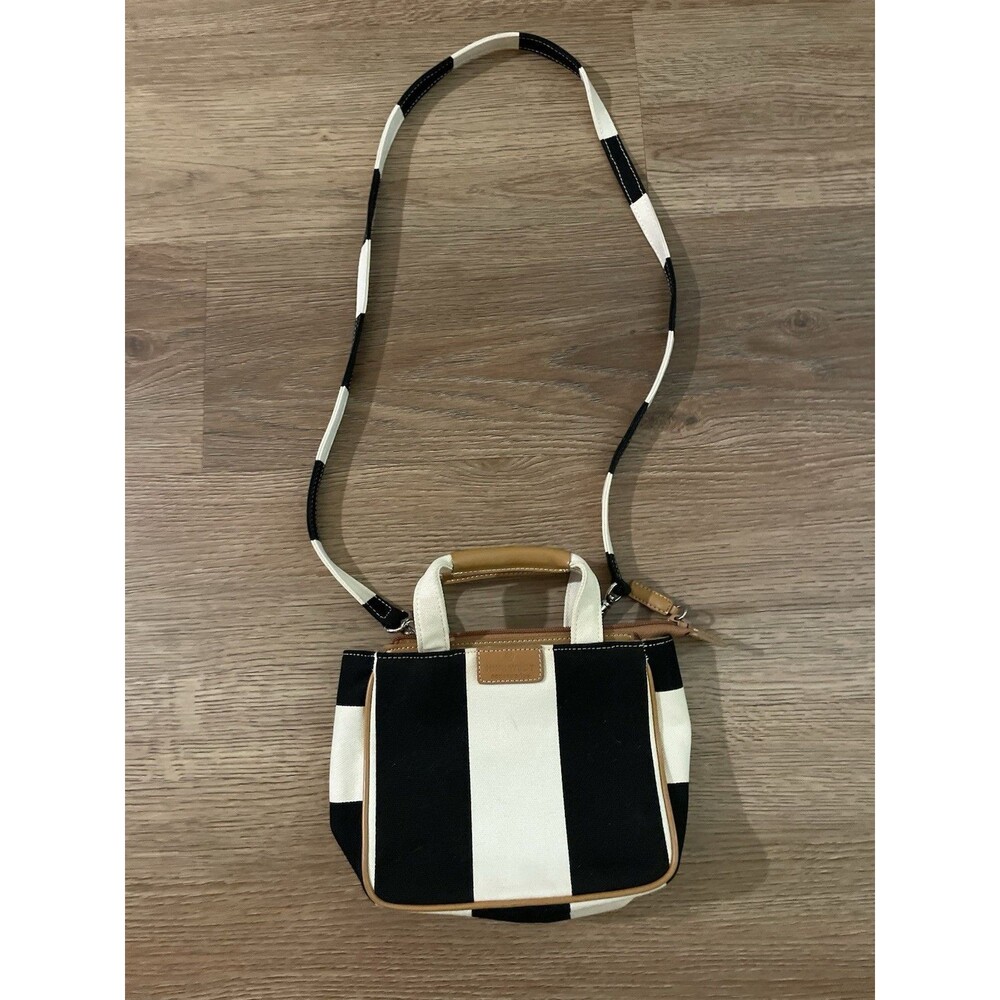 Vintage 90s Nine West Cabana Stripe Canvas Mini Tote Bag Crossbody Black White